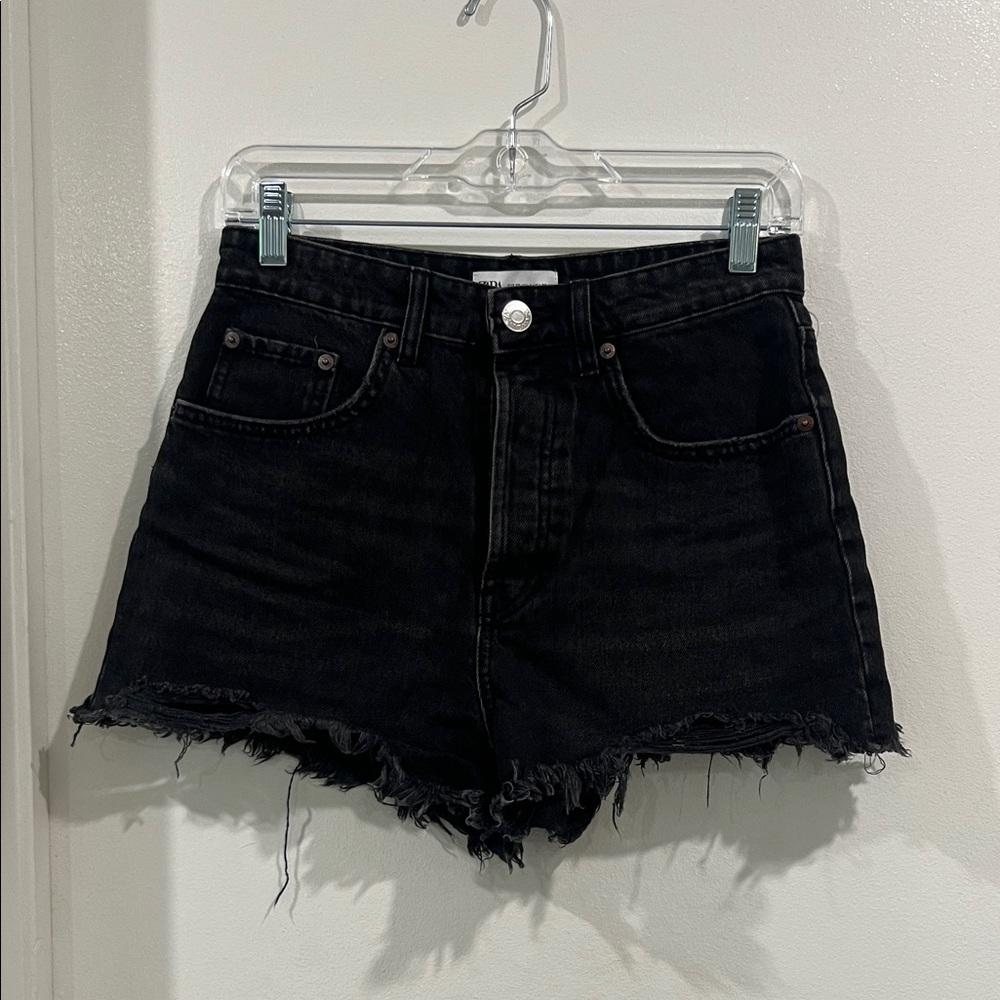 Zara Black Jean Shorts with Frayed Hem